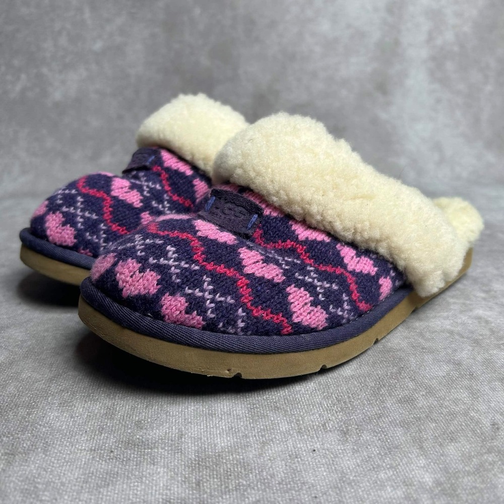 UGG Australia Cozy Knit Heart Slippers Purple Pink Fair Isle Women 7 Shoes